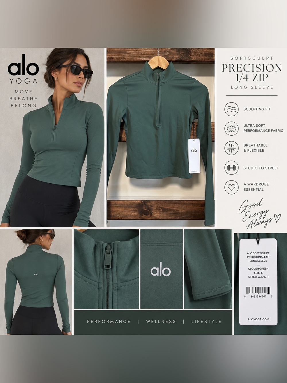 ALO Yoga Softsculpt Precision 1/4 Zip Clover Green Size S